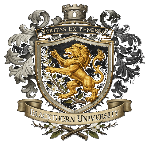 Blackthorn University crest: a golden lion rampant on a black shield with blackthorn blossoms, beneath the motto Veritas Ex Tenebris